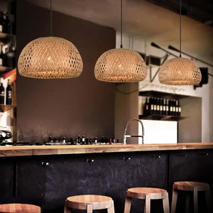 Handwoven natural rattan pendant lamp with bamboo frame boho style