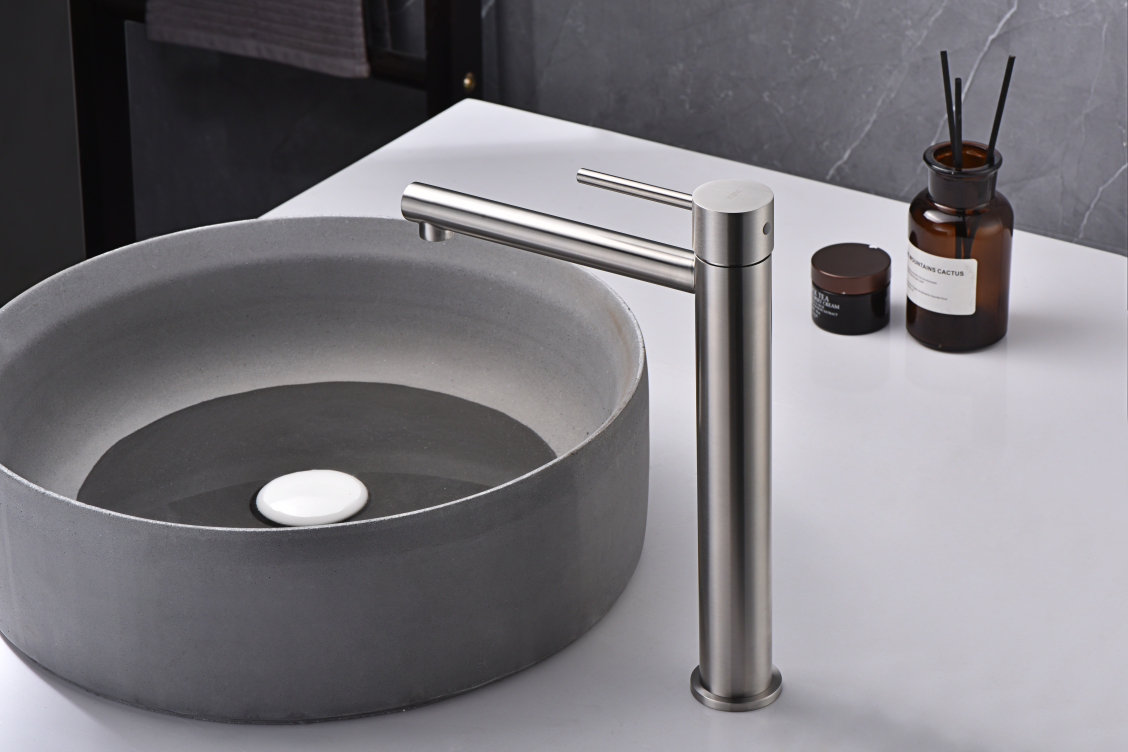 Tall Moscow Basin Mixer Stainless Steel S316, in a bathroom setting