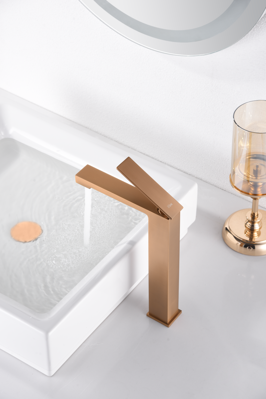 Pisa Tall Basin Mixer Brushed Rose Gold Single Lever, in a bathroom setting