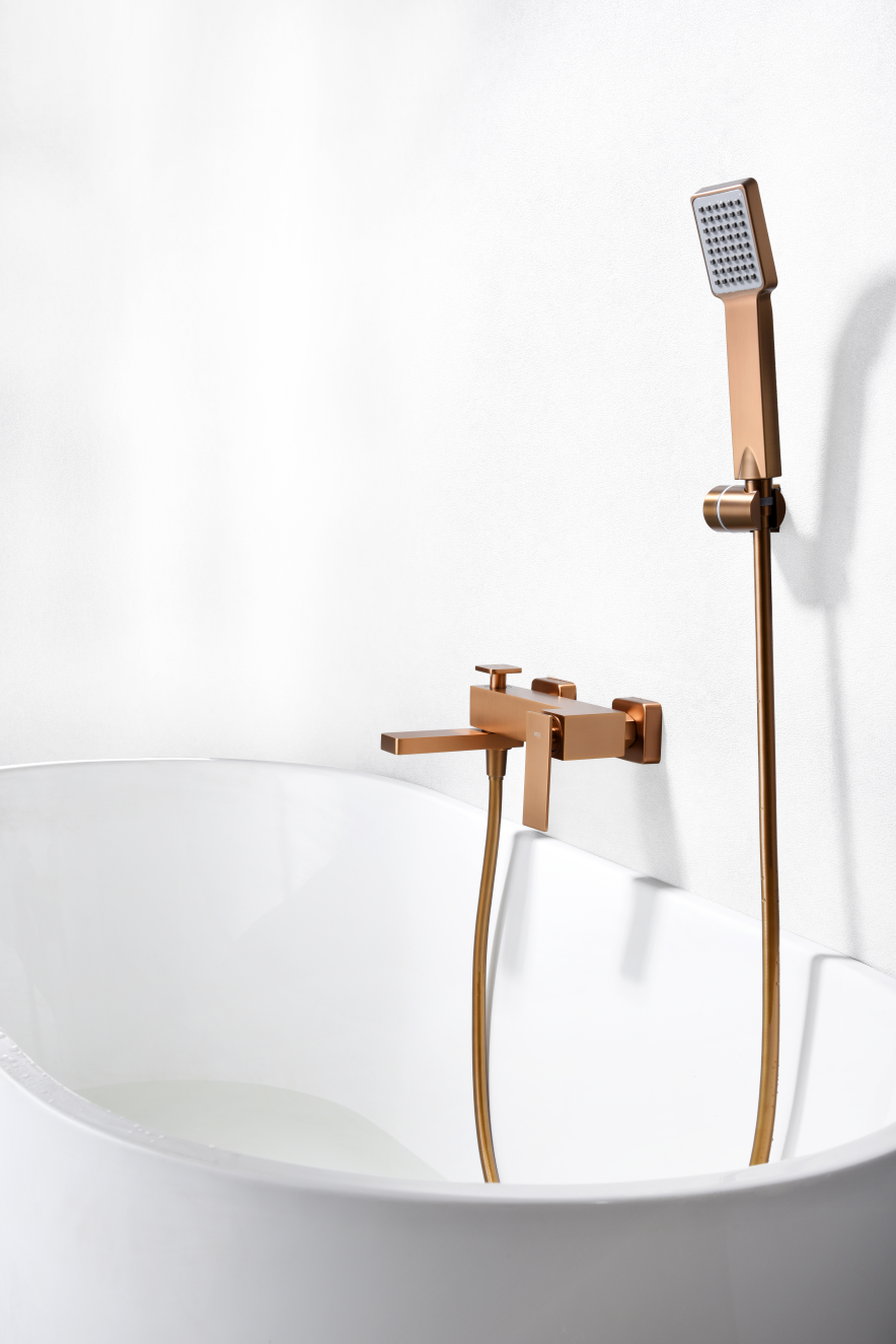 Pisa Brushed Rose Gold Single-Lever Shower Bath Kit, in a bathroom setting