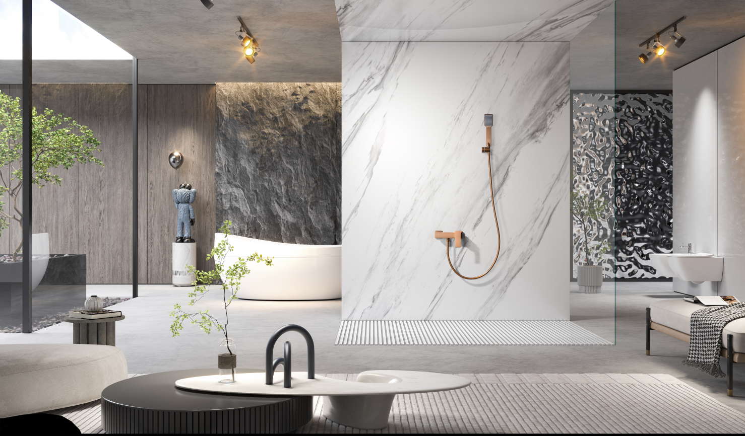 Brushed Rose Gold Single Handle Shower Kit, in a bathroom setting