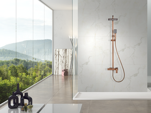 Brushed Rose Gold Single Handle Shower Set, in a bathroom setting