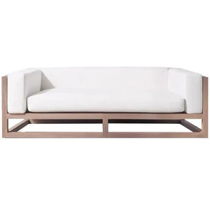 Brown rattan sectional sofa showcasing durable aluminum frame construction and weather resistant material detail.