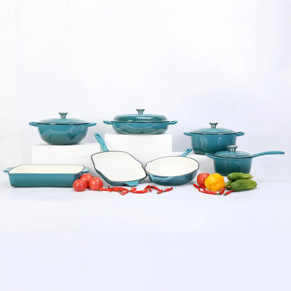 Cast Iron Non stick Pan Pot Casserole - 7-Piece Set / Blue - Cookware set