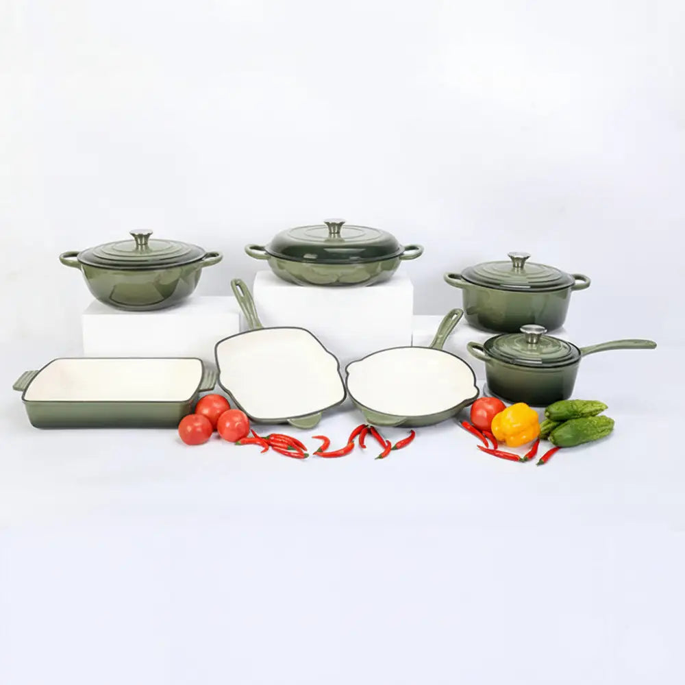 Cast Iron Non stick Pan Pot Casserole - 7-Piece Set / Olive green - Cookware set