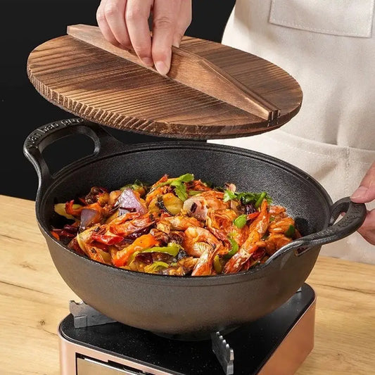 Cast Iron Uncoated Double Ear Thickened Wood Lid Wok - Cookware set