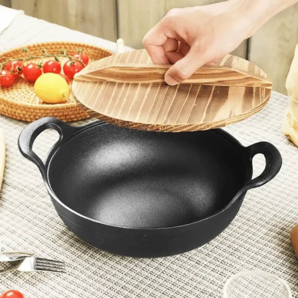 Cast Iron Uncoated Double Ear Thickened Wood Lid Wok - Cookware set