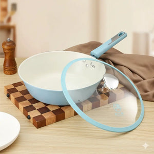 Ceramic Non Stick Glass Lid Uncoated Wok - Blue / 8 x 29.2 x 20.5cm - Cookware set