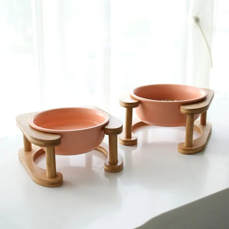 Elevated Ceramic Pet Feeding Bowl with Wooden Stand - view 11