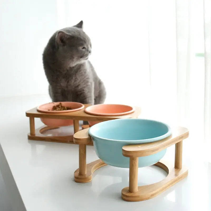 Elevated Ceramic Pet Feeding Bowl with Wooden Stand - view 9