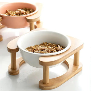 Elevated Ceramic Pet Feeding Bowl with Wooden Stand - view 12