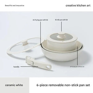 Ceramic Removable Non Stick Cookware Handle Frying Pot Set - 5 pieces - 26 frying pan with lid + 22 soup pot with lid