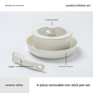 Ceramic Removable Non Stick Cookware Handle Frying Pot Set - 4 pieces - 24 frying pan without lid + 18 milk pot