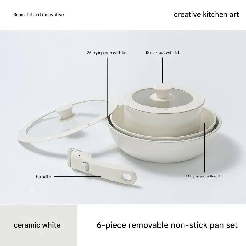 Ceramic Removable Non Stick Cookware Handle Frying Pot Set - 5 pieces - 26 frying pan with lid + 22 soup pot with lid