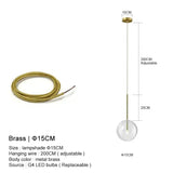 Clear Glass Ball Bedside Pendant Hanging Lamp - Brass Wire - 15 cm / Hanging Wire - 200 cm / Warm White - Pendant Lamp
