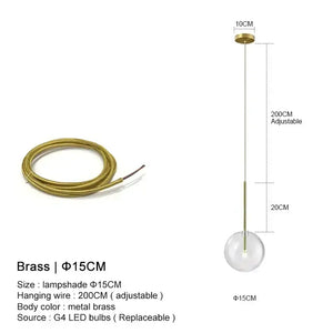 Clear Glass Ball Bedside Pendant Hanging Lamp - Brass Wire - 15 cm / Hanging Wire - 200 cm / Warm White - Pendant Lamp