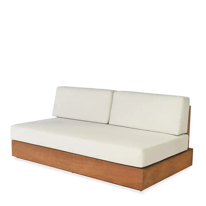 Close up of natural teak wood grain and weather resistant finish on modern outdoor sofa set