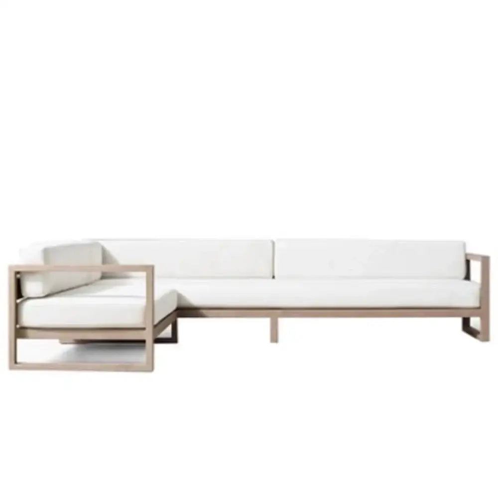 Close up of woven rattan material and durable aluminum frame on outdoor sectional sofa