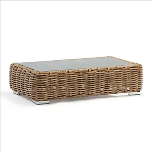 Close up of woven wicker rattan texture on luxury outdoor patio sofa set