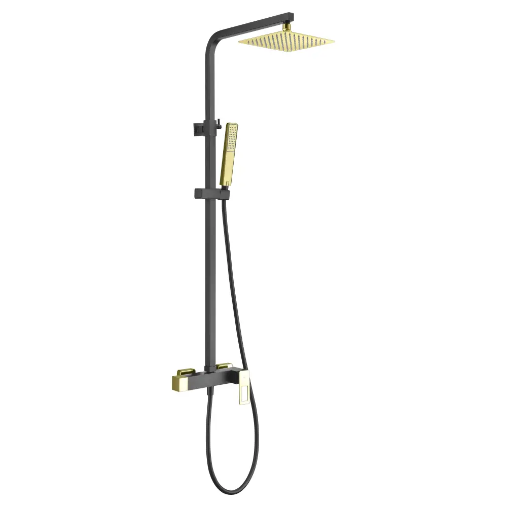 Matte black single handle shower set with gold accents bathroom fixture
