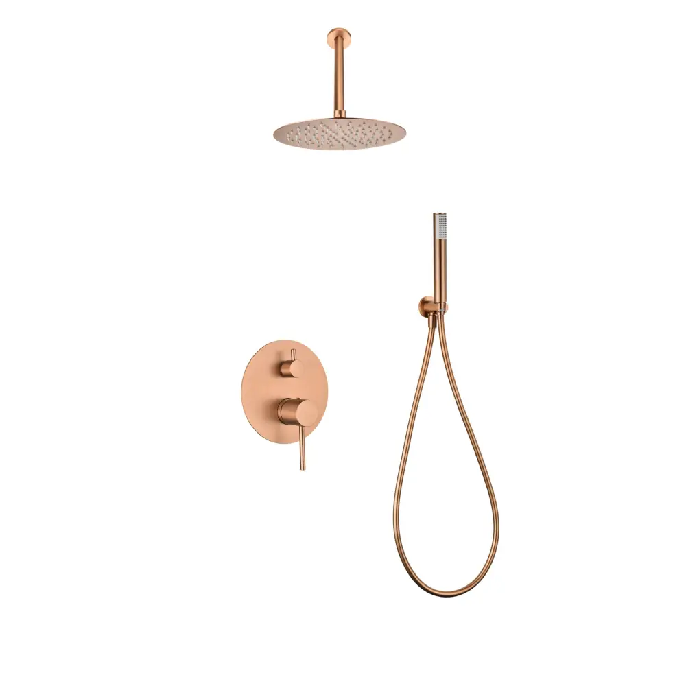 Brushed rose gold single lever built-in shower set against white background