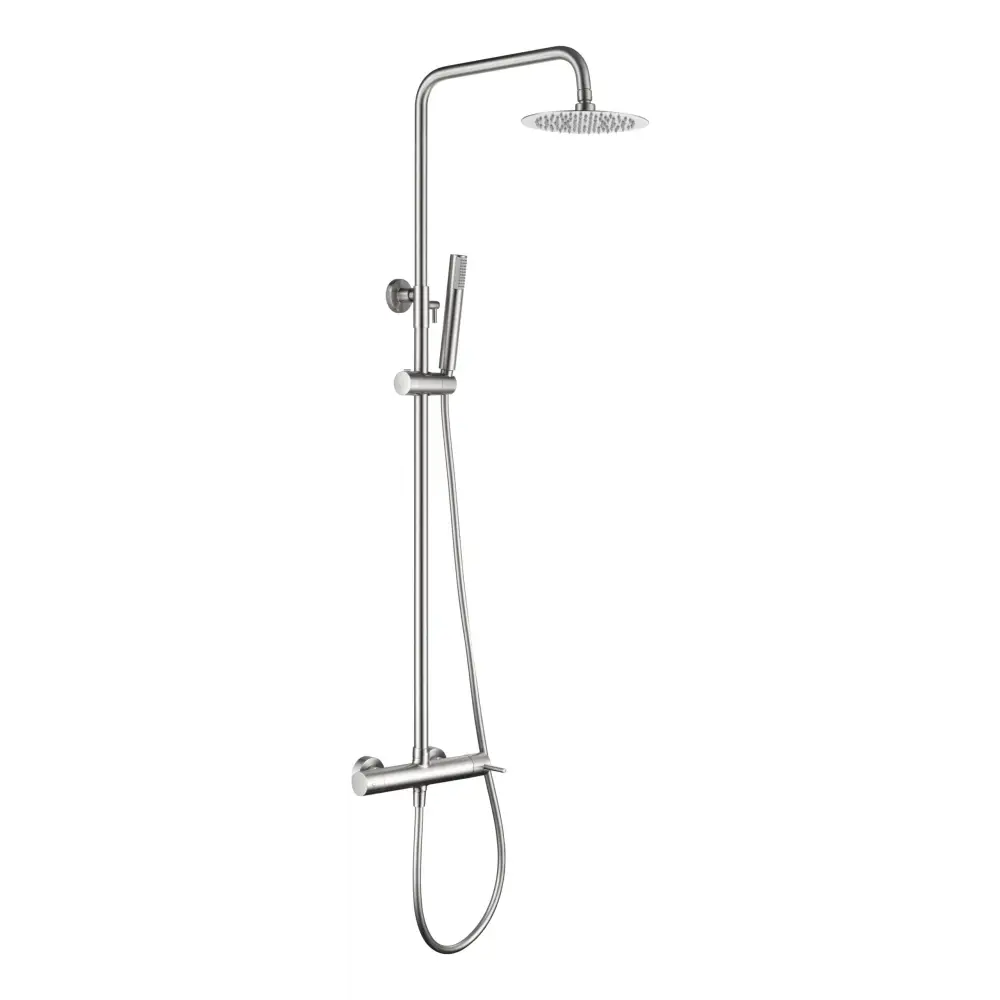 Brushed nickel single handle modern shower set against white background