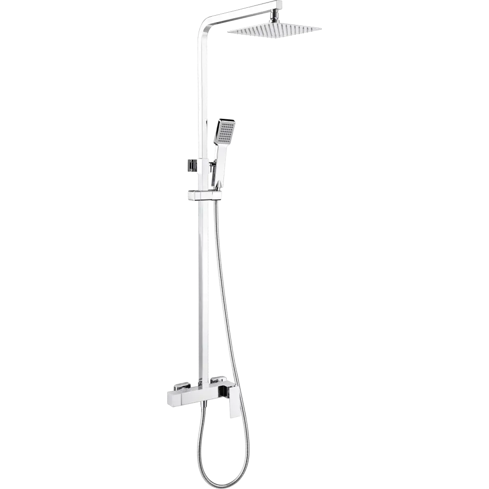 Chrome single handle shower set with modern minimalist design on white background