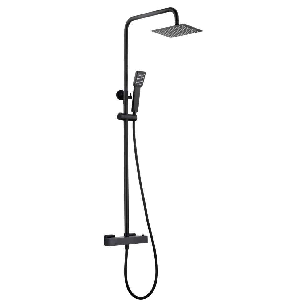 Matte black contemporary shower set with thermostatic control and sleek design