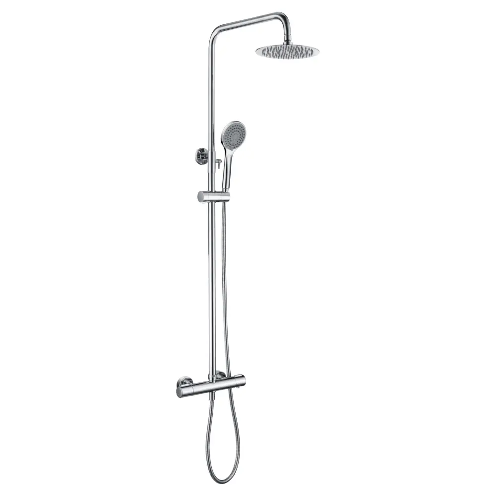 Chrome thermostatic shower set with round 20cm head against white background