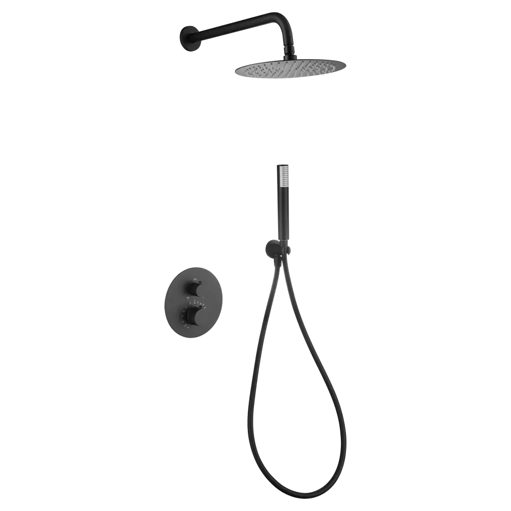 Matte black built-in thermostatic shower set with modern fixtures