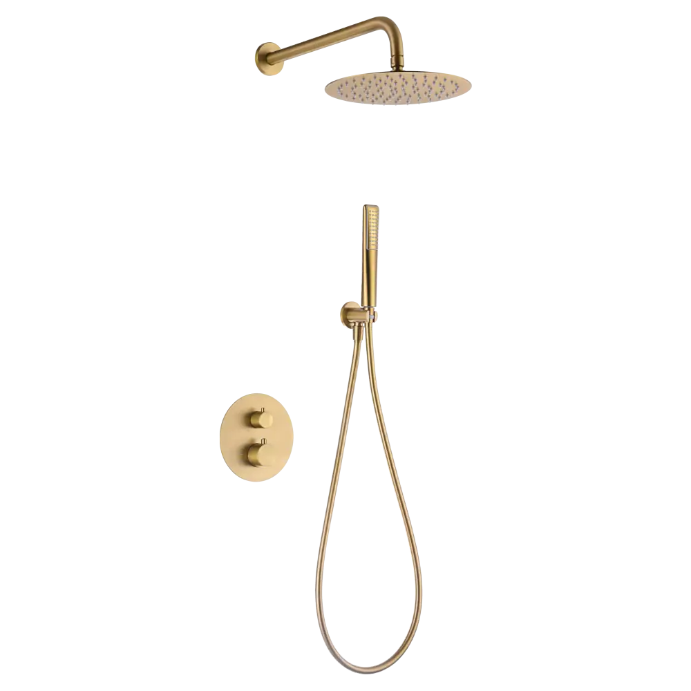 Naples brushed gold built-in thermostatic shower set against white background