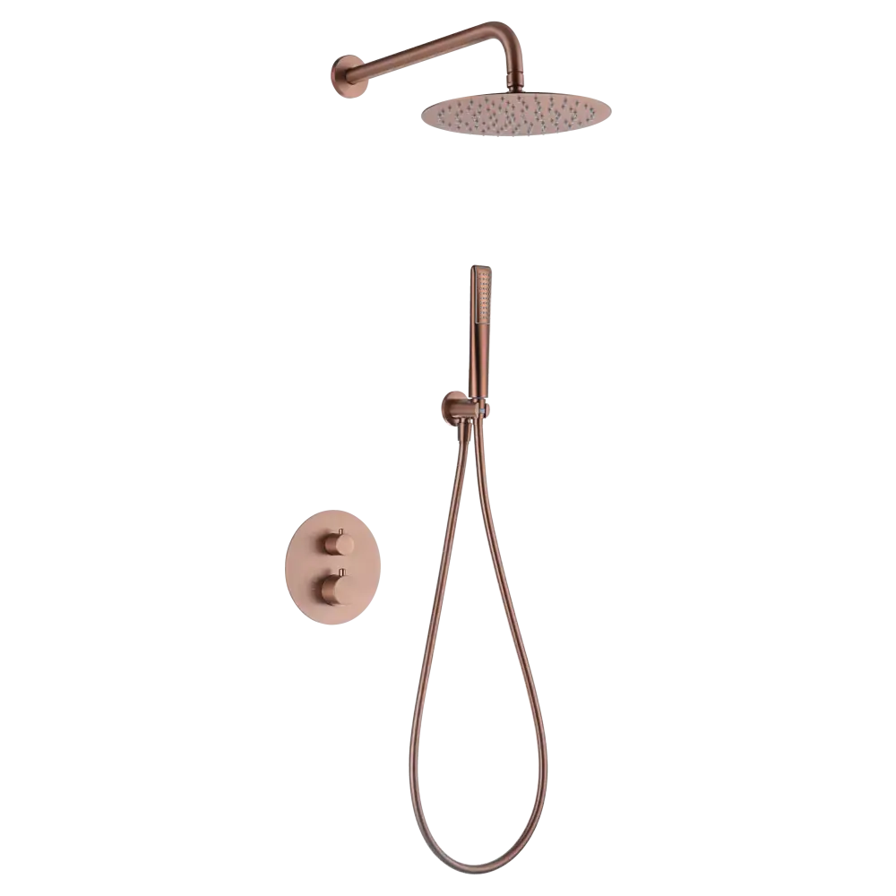 Naples brushed rose gold built-in thermostatic shower set displayed against white background
