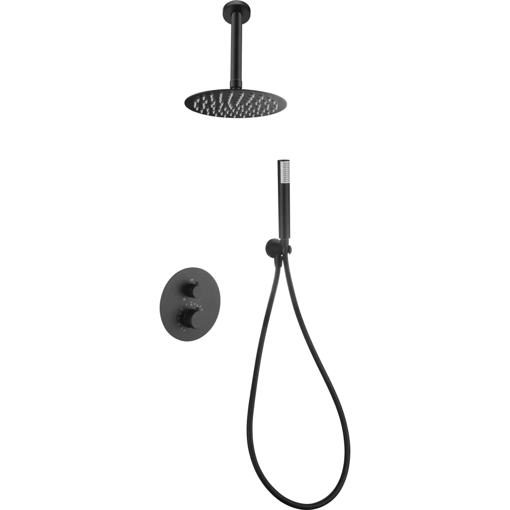 Matte black thermostatic shower set with built-in components, modern design