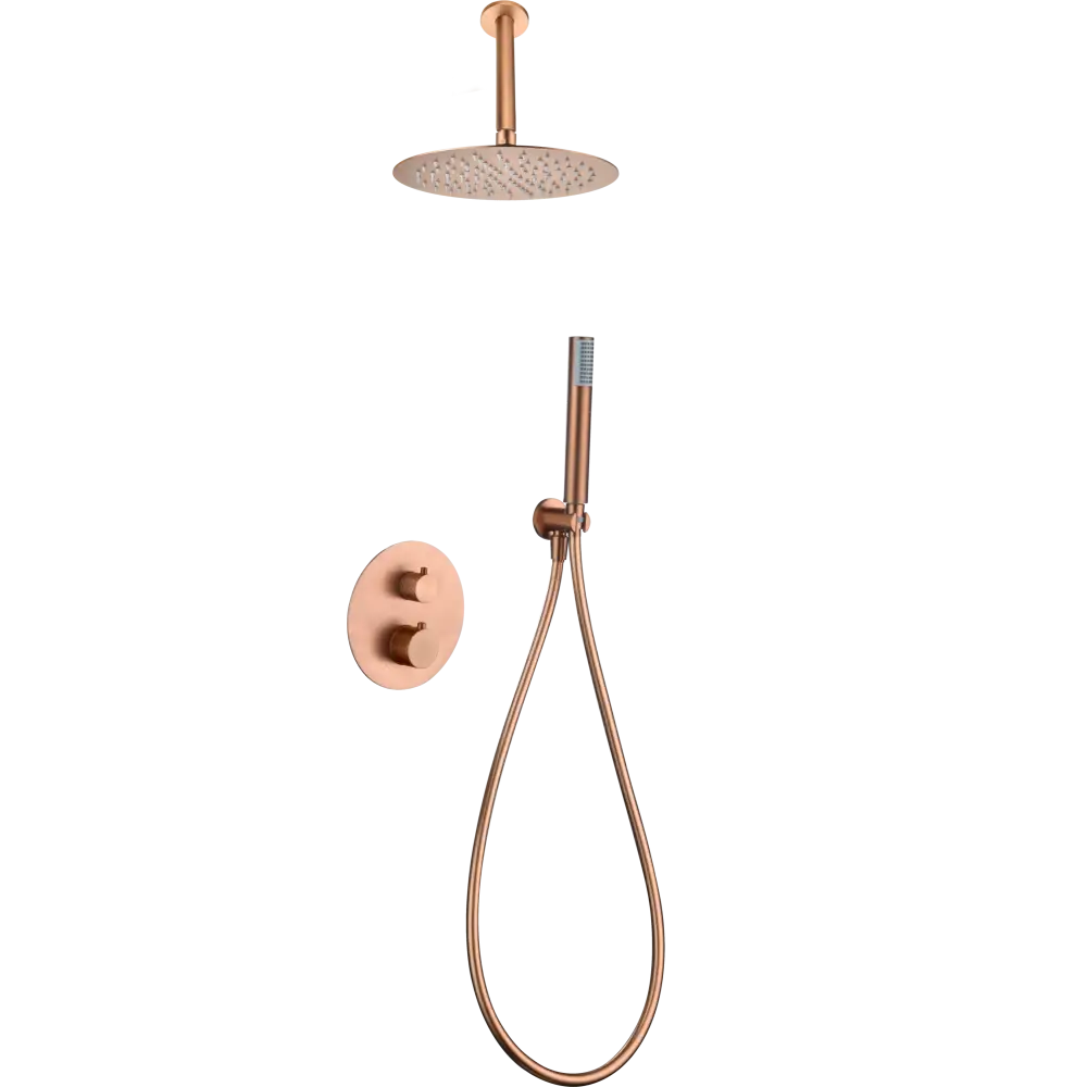 Gold thermostatic shower column set with modern built-in design fixture