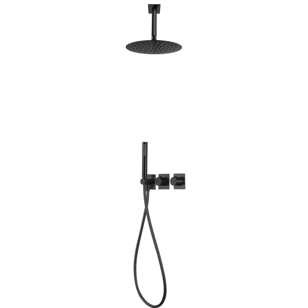 Matte black thermostatic shower set with modern fixtures and sleek design