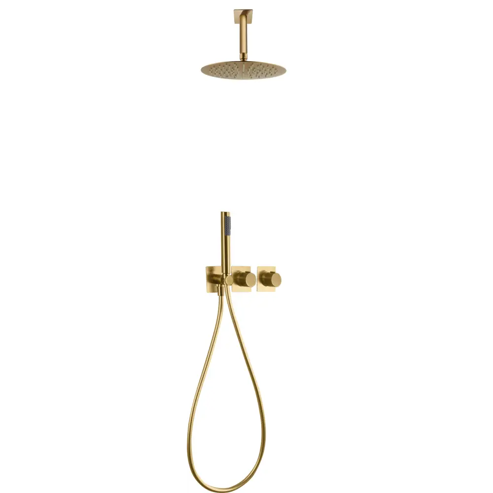 Brushed gold thermostatic shower set with modern fixtures and valve control