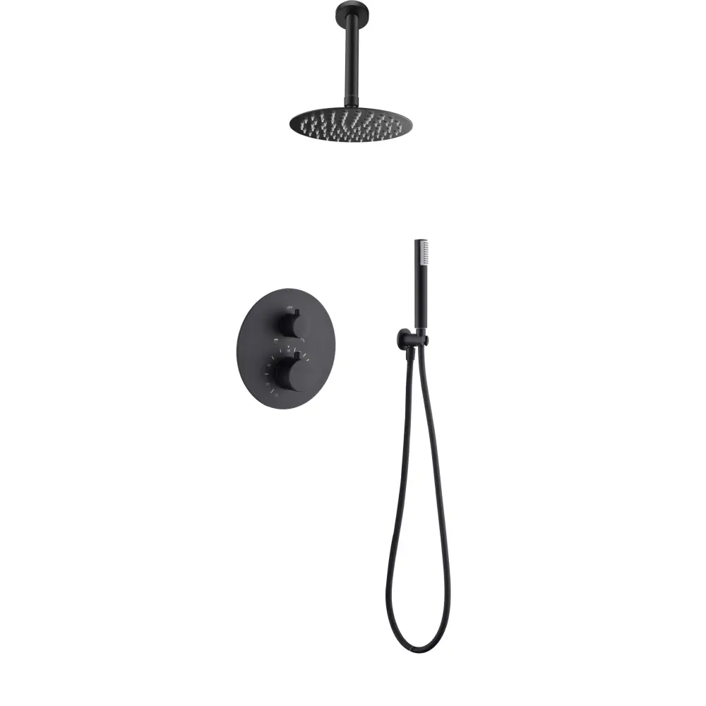 Matte black thermostatic shower set with built-in design against white background