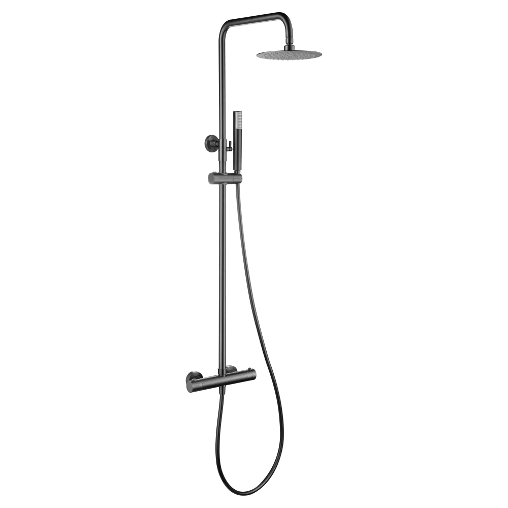 Black gun metal thermostatic shower set with chrome fixtures and controls