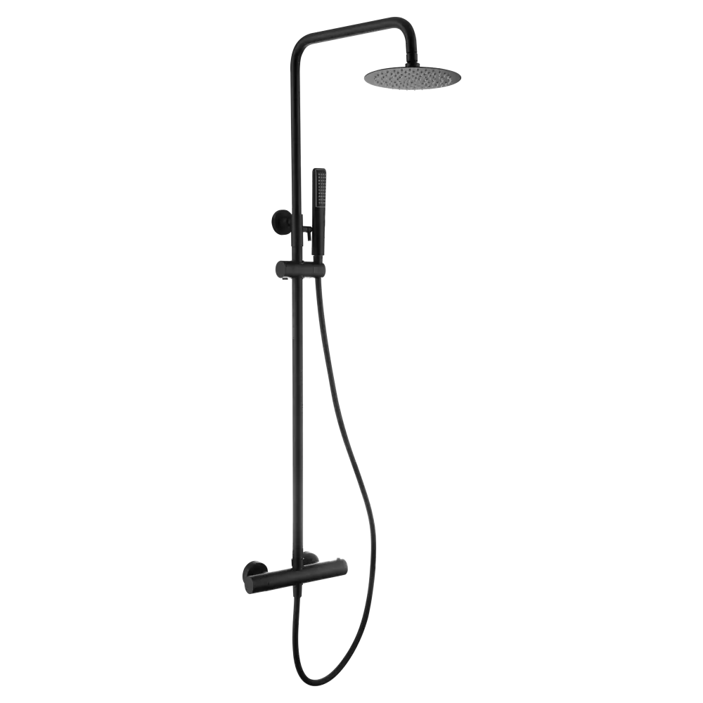 Matte black thermostatic shower set with modern fixtures and sleek design