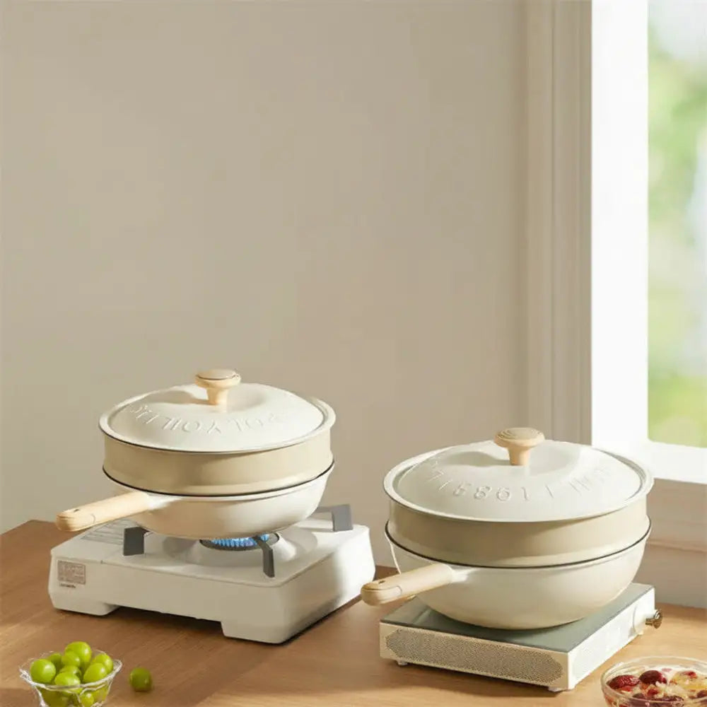 Cooker Uncoated Non Stick Aluminum Steam Frying Pan - White 32cm + 1 non-stick steaming grid - Cookware set