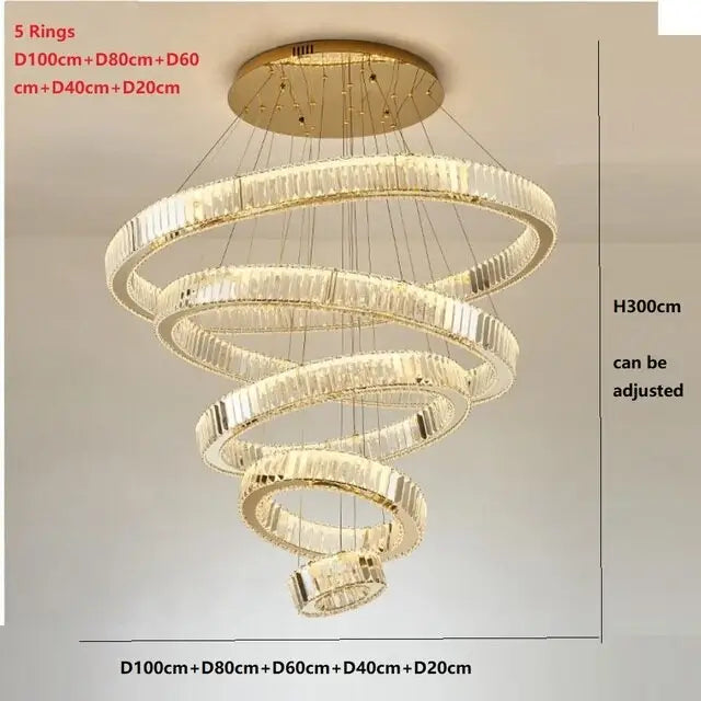 Crystal Ring Large Chandelier Pendant Lamp - D100D80D60D40D20 / Cold White / Gold body - Chandelier