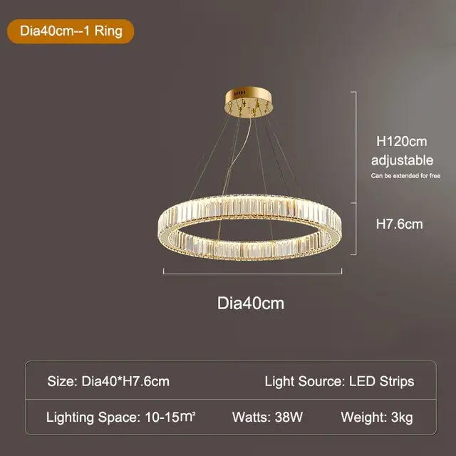 Crystal Ring Large Chandelier Pendant Lamp - D40 15.75inch / Cold White / Gold body - Chandelier