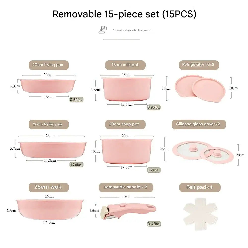 Detachable Handle Non Stick Cookware Set - Detachable 15-piece set-pink - Cookware set