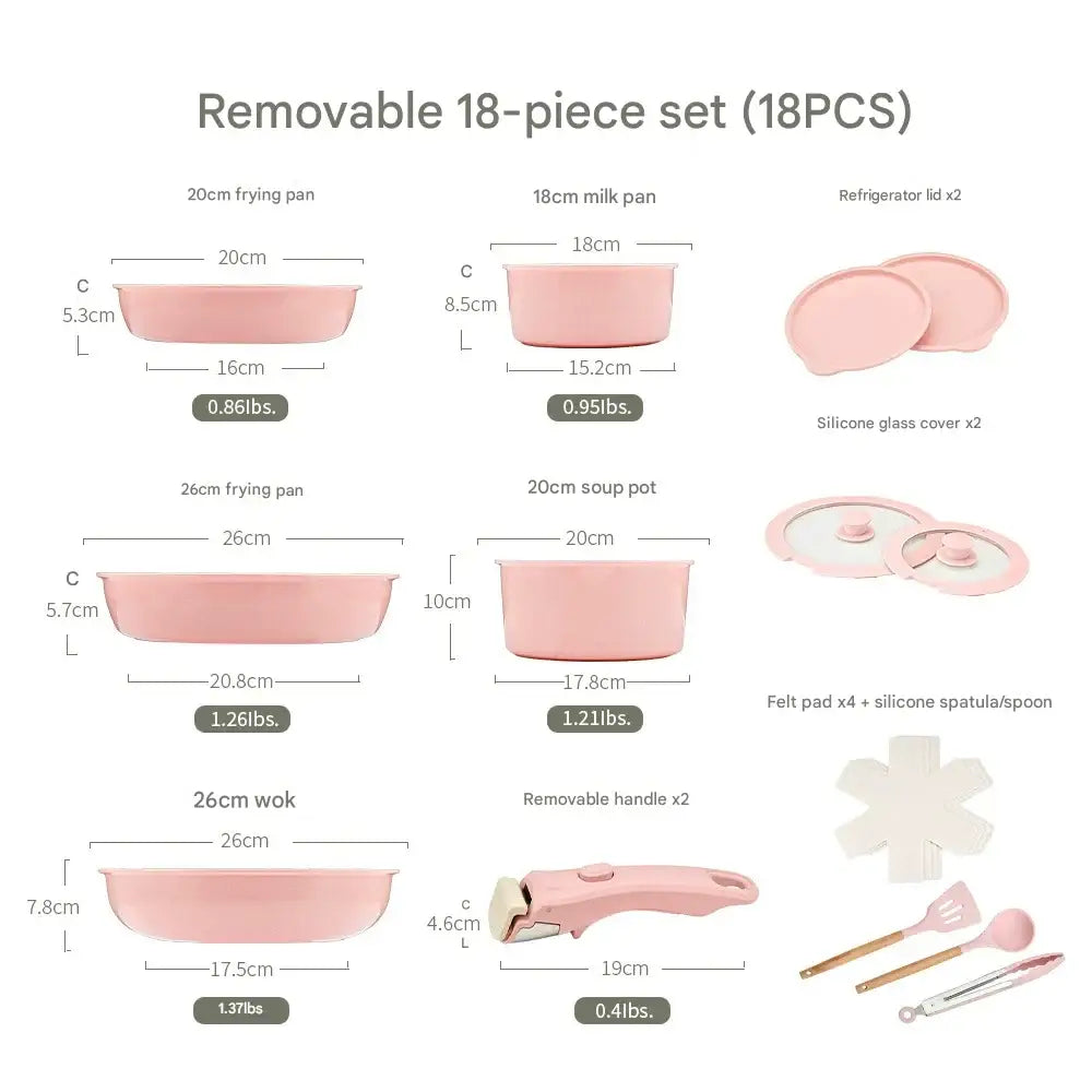 Detachable Handle Non Stick Cookware Set - Detachable 18-piece set-pink - Cookware set