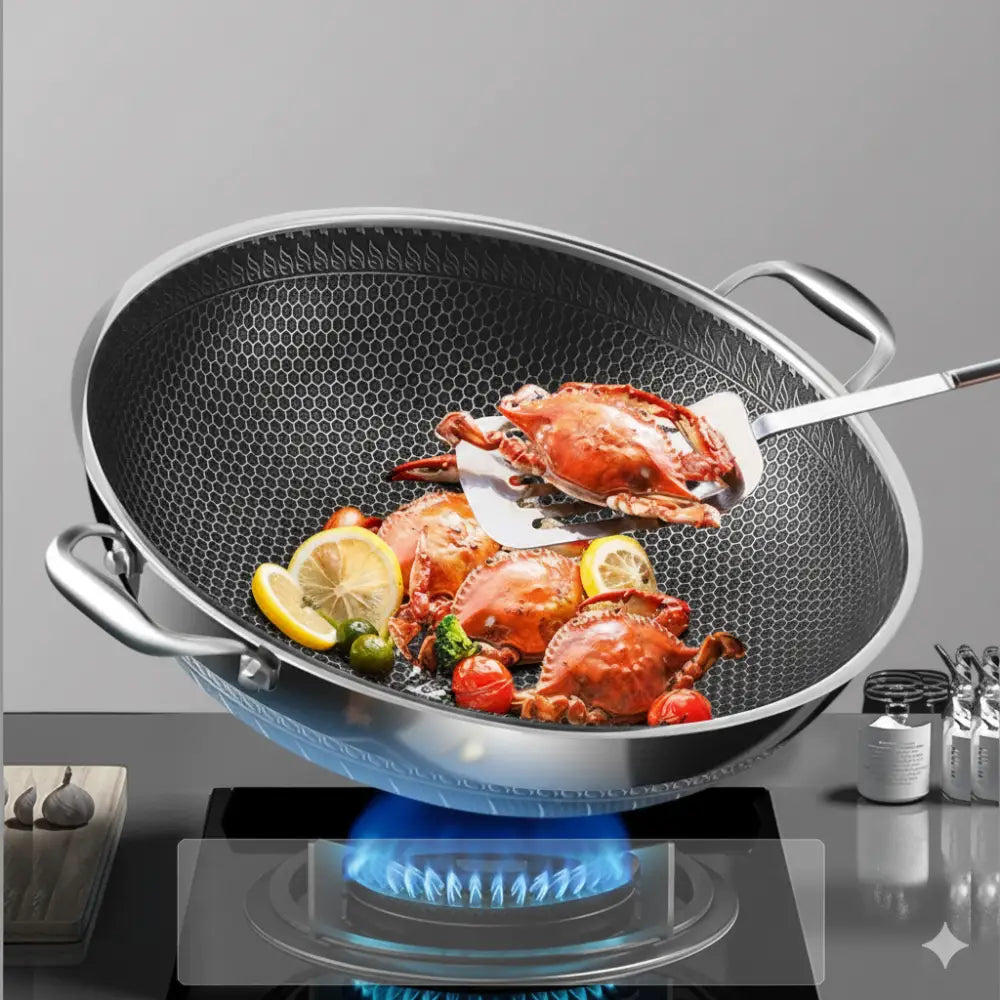 Double Handle Stainless Steel Non Stick Wok - Cookware set
