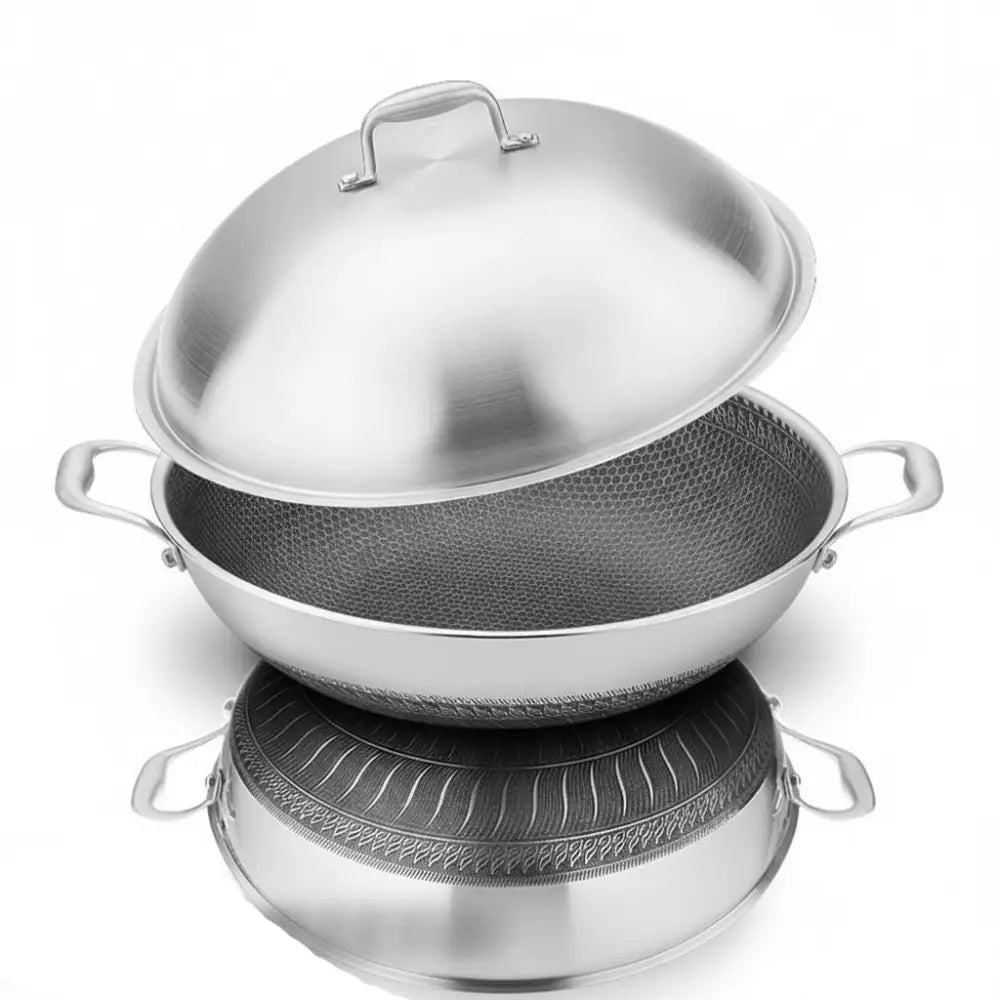 Double Handle Stainless Steel Non Stick Wok - Double Sided screen + steel cover / Diameter 34cm - Cookware set