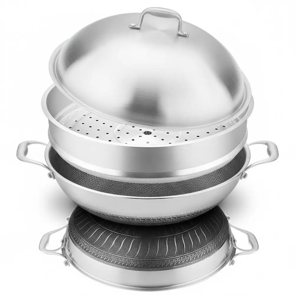 Double Handle Stainless Steel Non Stick Wok - Double Sided screen + steel cover + steamer / Diameter 34cm - Cookware set