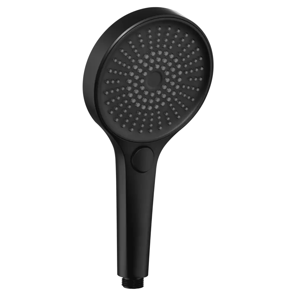 Matte black modern shower head Arizona series design closeup