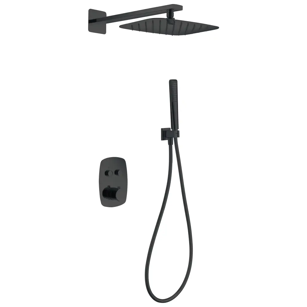 Matte black built-in shower set with modern thermostatic valve design