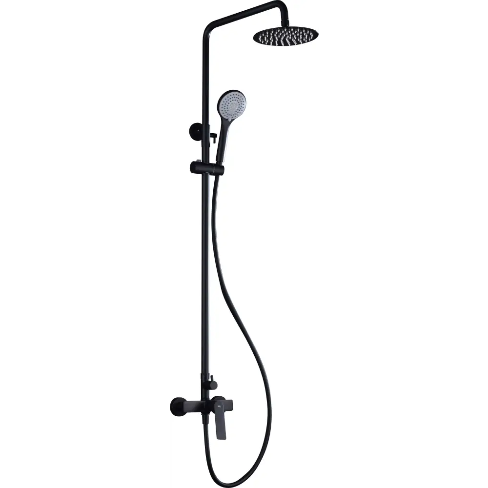 Matte black modern shower set with single handle design against white background